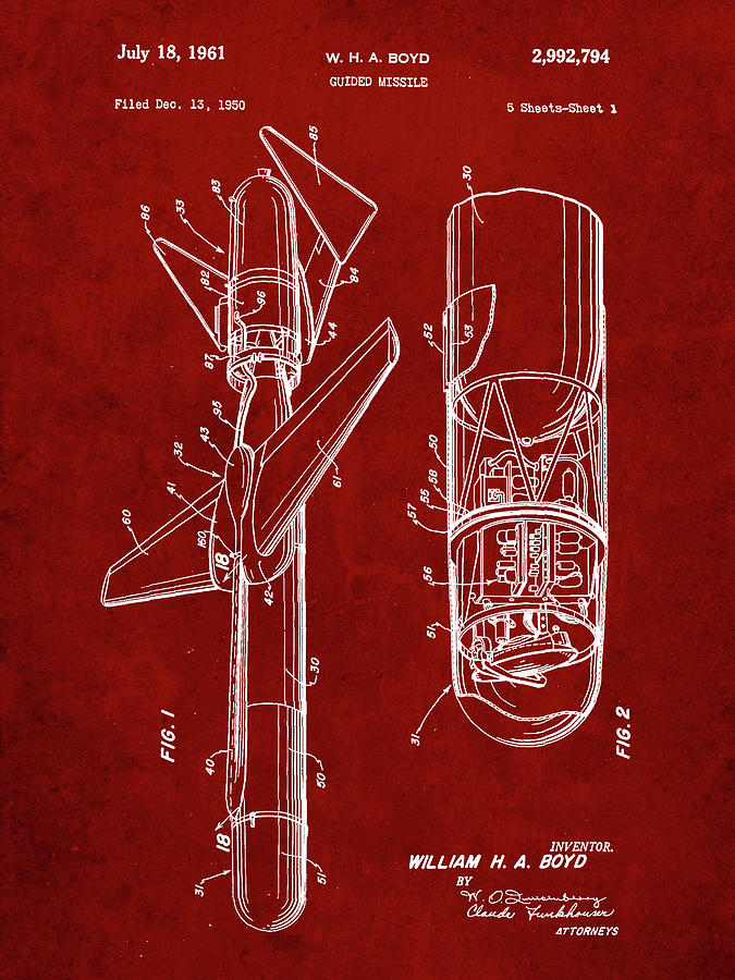 Objects Digital Art - Pp624-burgundy Cold War Era Guided Missile Patent Poster by Cole Borders