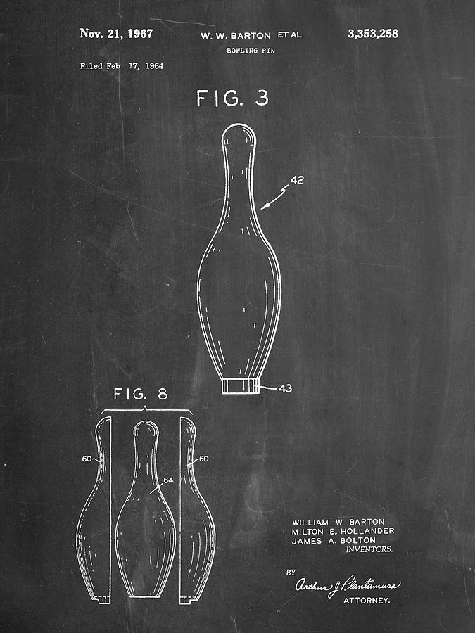 Sports Digital Art - Pp641-chalkboard Bowling Pin 1967 Patent Poster by Cole Borders