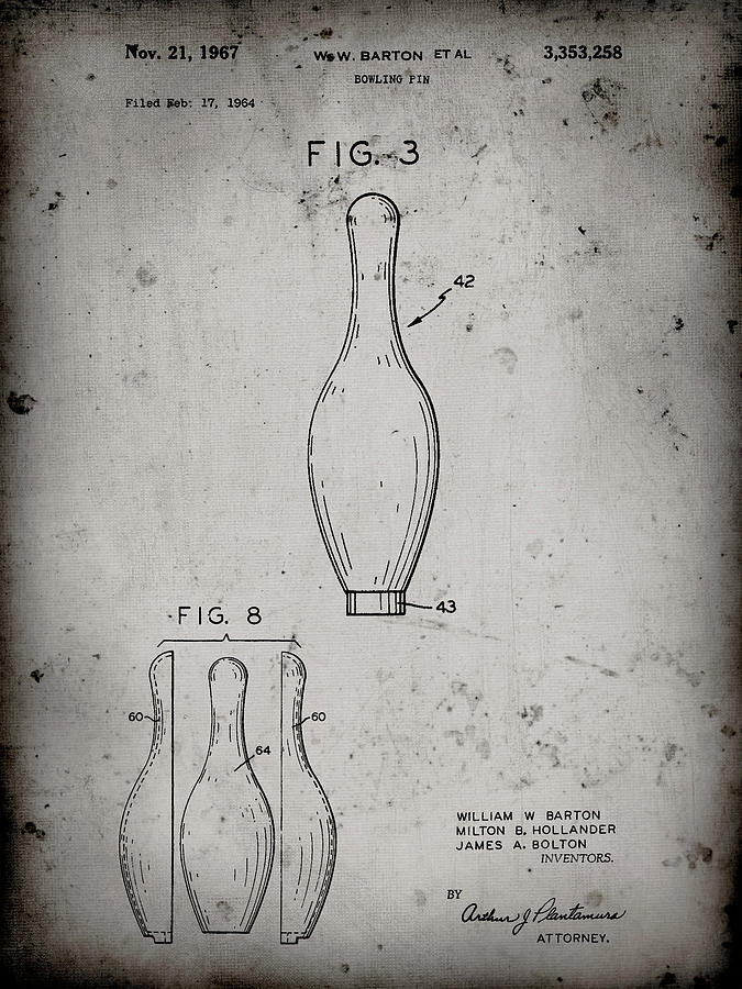 Sports Digital Art - Pp641-faded Grey Bowling Pin 1967 Patent Poster by Cole Borders