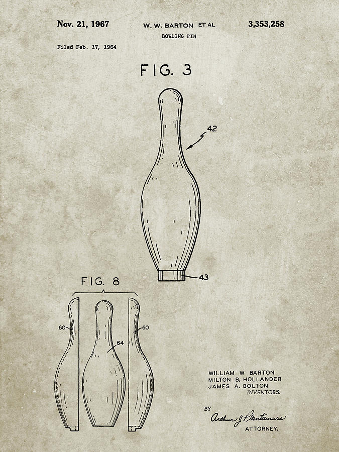Sports Digital Art - Pp641-sandstone Bowling Pin 1967 Patent Poster by Cole Borders