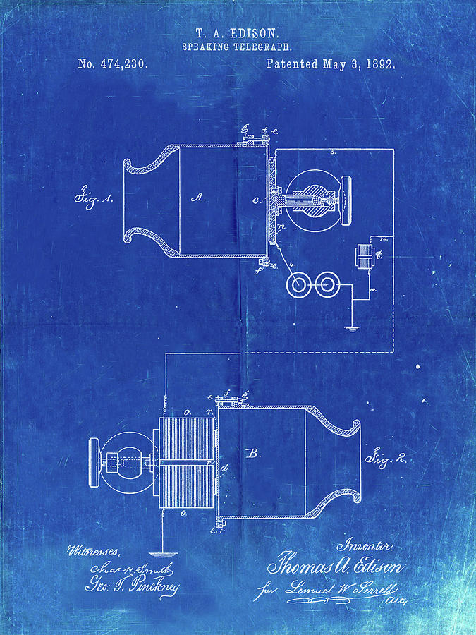 Pp Faded Blueprint Edison Speaking Telegraph Patent Poster Digital Art By Cole Borders
