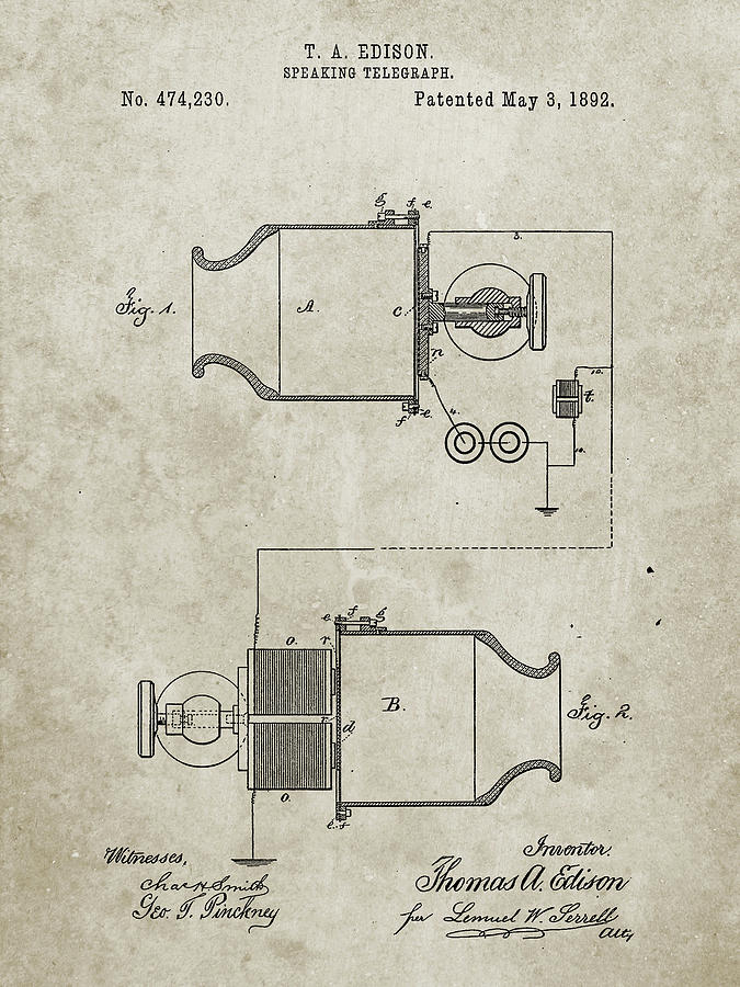 Objects Digital Art - Pp644-sandstone Edison Speaking Telegraph Patent Poster by Cole Borders