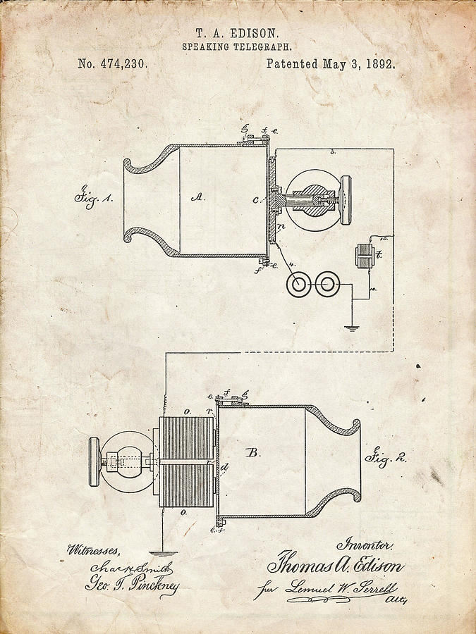 Pp Vintage Parchment Edison Speaking Telegraph Patent Poster Digital Art By Cole Borders