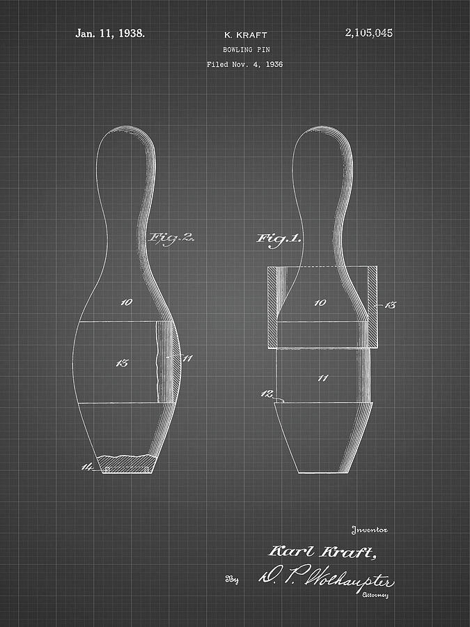 Sports Digital Art - Pp653-black Grid Bowling Pin 1938 Patent Poster by Cole Borders