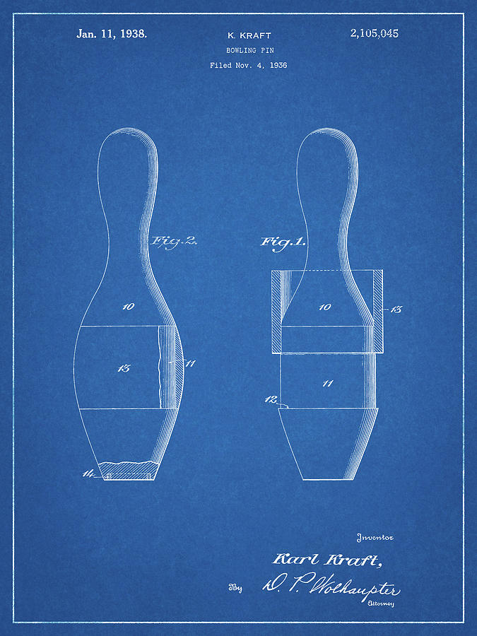 Sports Digital Art - Pp653-blueprint Bowling Pin 1938 Patent Poster by Cole Borders