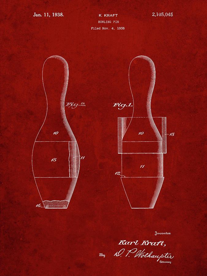 Sports Digital Art - Pp653-burgundy Bowling Pin 1938 Patent Poster by Cole Borders