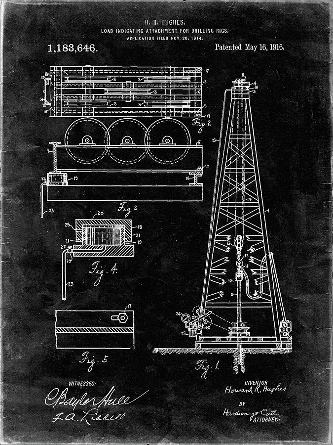 Objects Digital Art - Pp66-black Grunge Howard Hughes Oil Drilling Rig Patent Poster by Cole Borders
