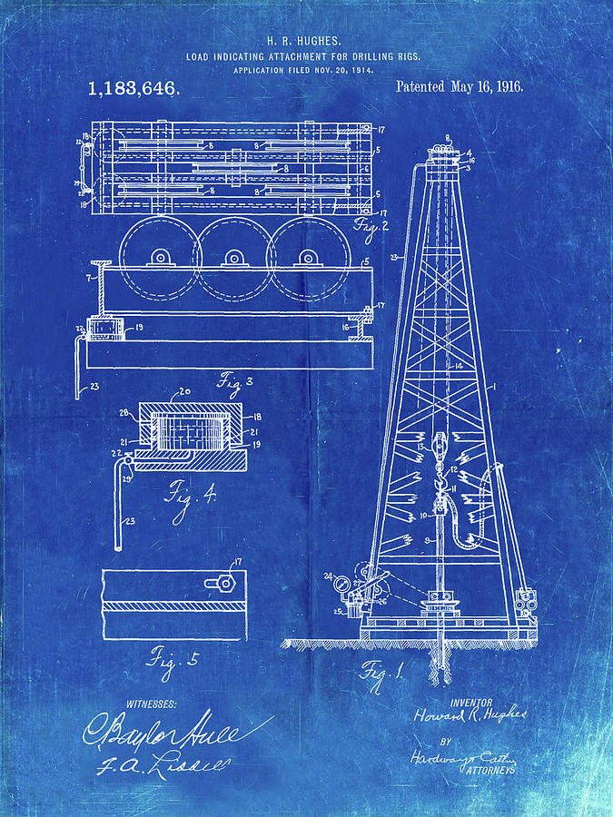Objects Digital Art - Pp66-faded Blueprint Howard Hughes Oil Drilling Rig Patent Poster by Cole Borders