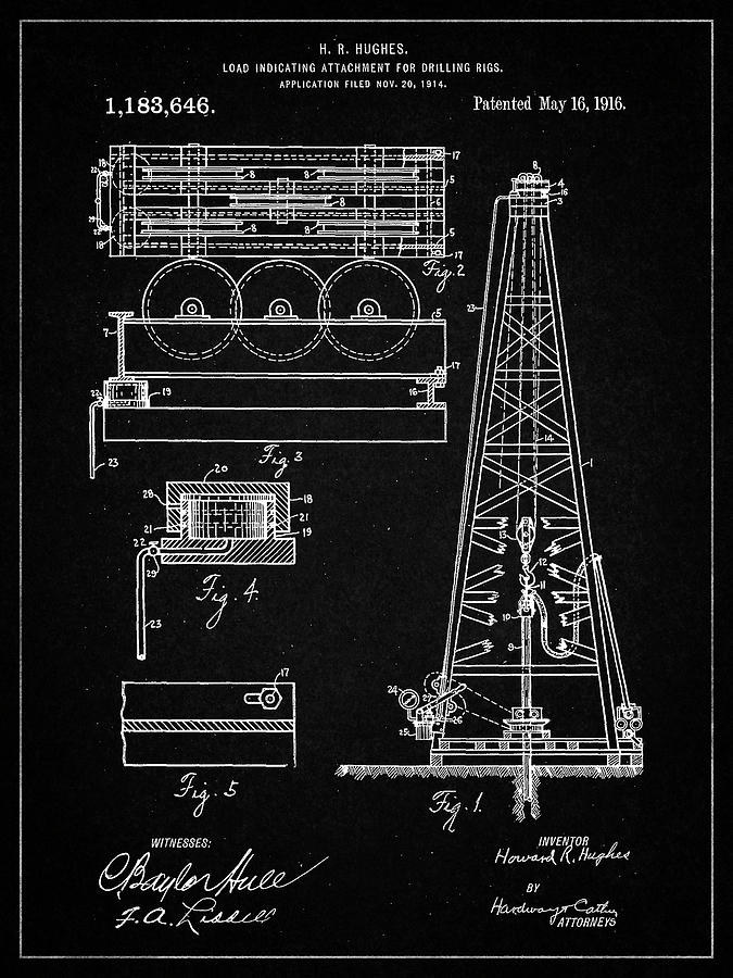 Objects Digital Art - Pp66-vintage Black Howard Hughes Oil Drilling Rig Patent Poster by Cole Borders