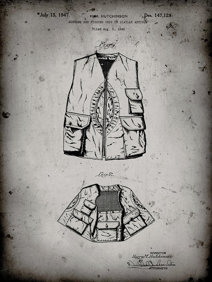 Sports Digital Art - Pp661-faded Grey Hunting And Fishing Vest Patent Poster by Cole Borders