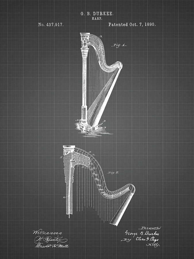 Music Digital Art - Pp662-black Grid Harp Instrument 1890 Patent Poster by Cole Borders