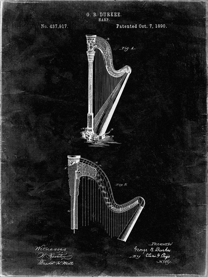 Music Digital Art - Pp662-black Grunge Harp Instrument 1890 Patent Poster by Cole Borders