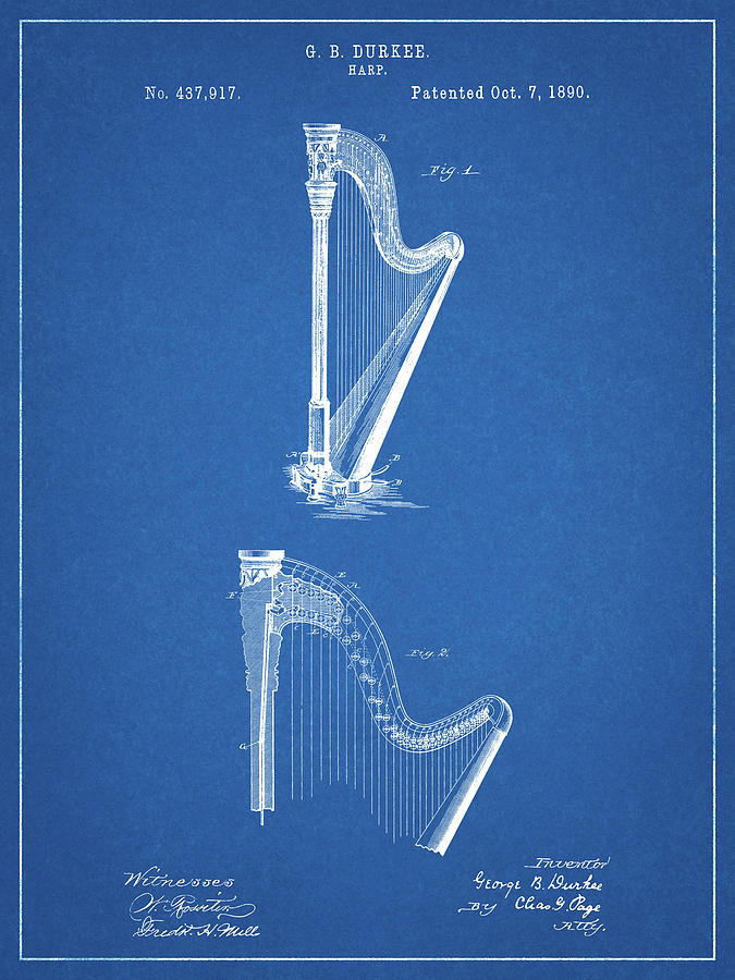 Music Digital Art - Pp662-blueprint Harp Instrument 1890 Patent Poster by Cole Borders