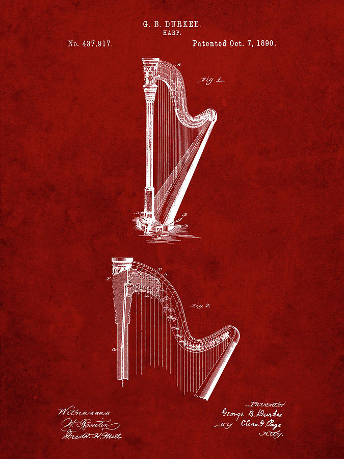Music Digital Art - Pp662-burgundy Harp Instrument 1890 Patent Poster by Cole Borders