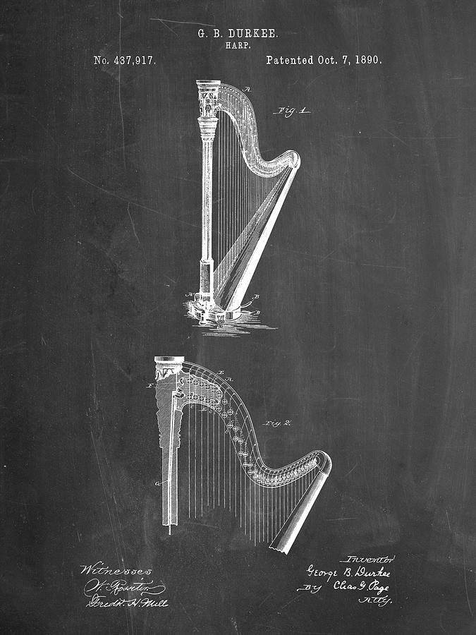 Music Digital Art - Pp662-chalkboard Harp Instrument 1890 Patent Poster by Cole Borders