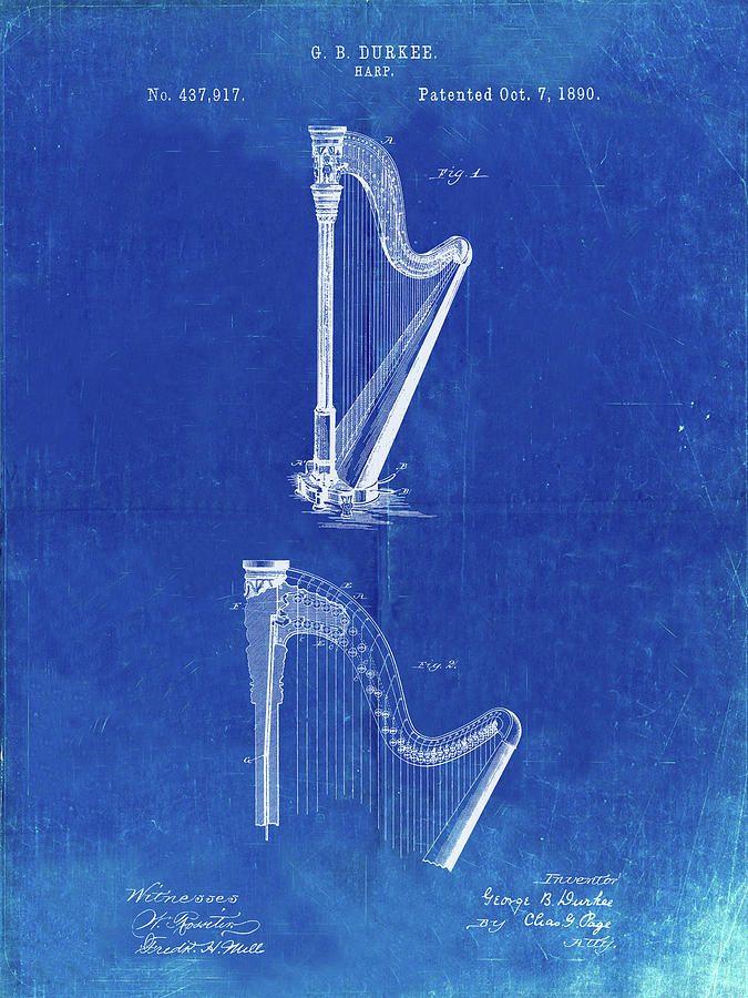 Music Digital Art - Pp662-faded Blueprint Harp Instrument 1890 Patent Poster by Cole Borders