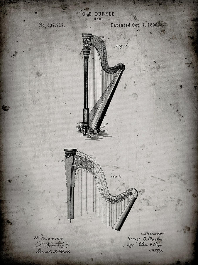 Music Digital Art - Pp662-faded Grey Harp Instrument 1890 Patent Poster by Cole Borders