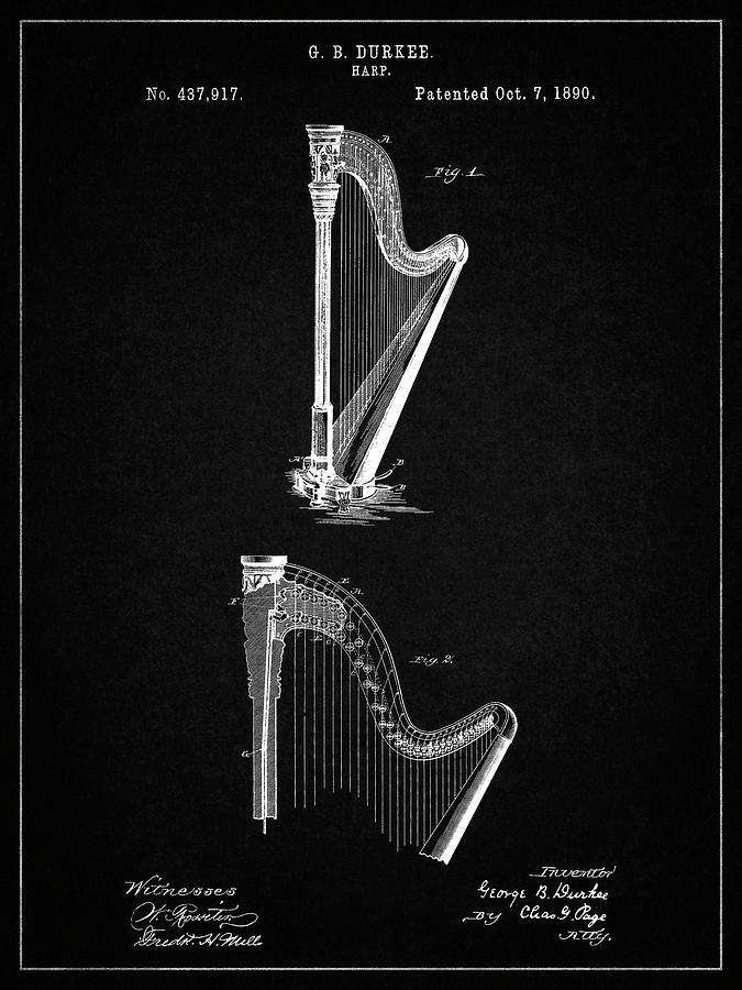 Music Digital Art - Pp662-vintage Black Harp Instrument 1890 Patent Poster by Cole Borders