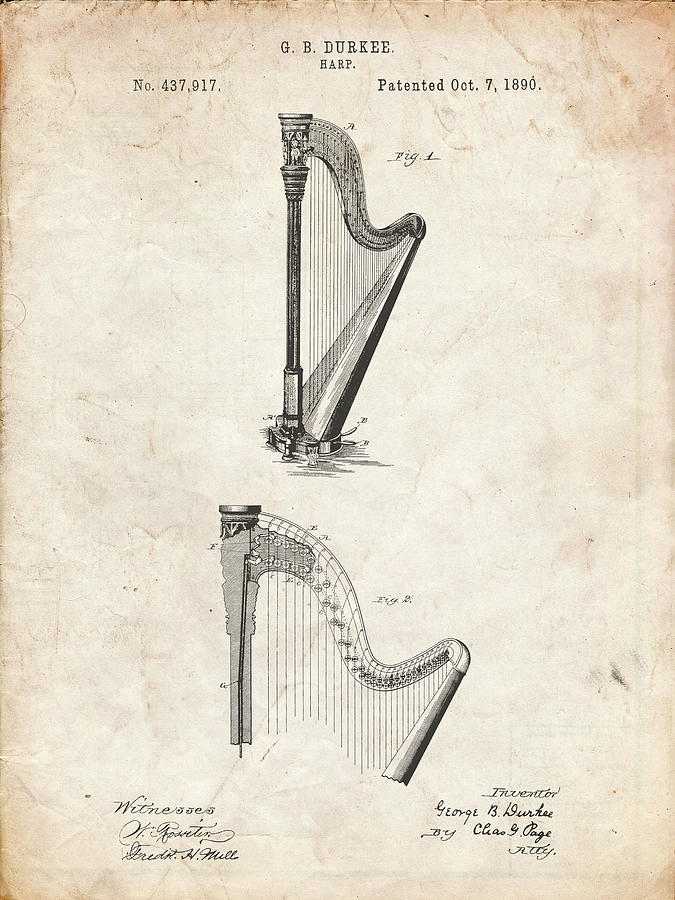 Music Digital Art - Pp662-vintage Parchment Harp Instrument 1890 Patent Poster by Cole Borders