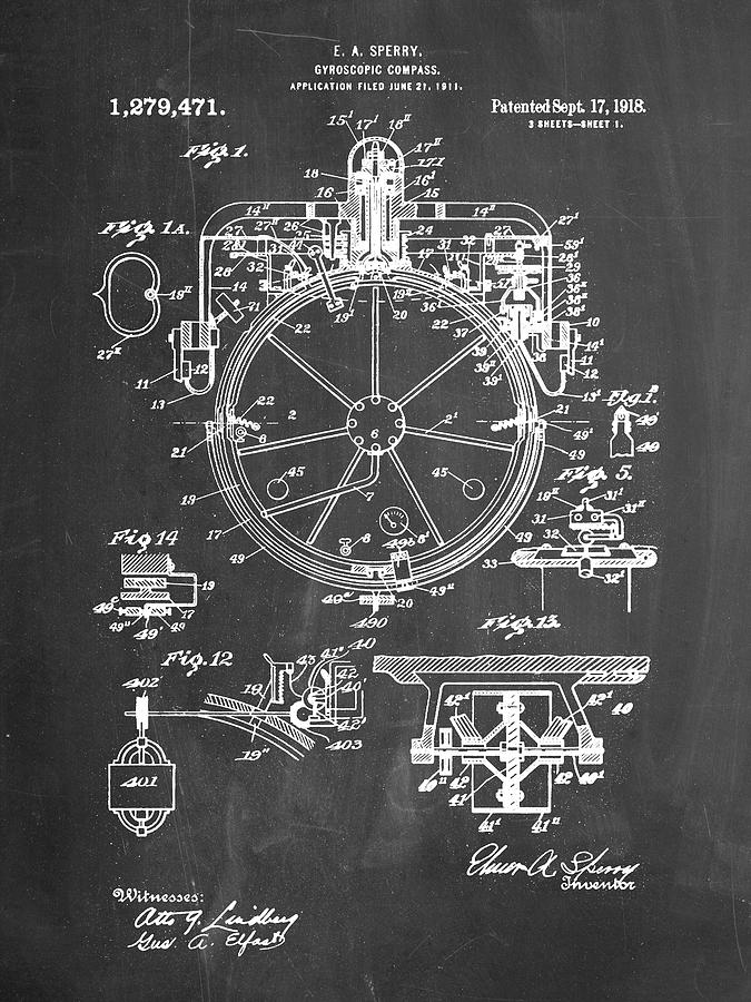 Objects Digital Art - Pp67-chalkboard Gyrocompass Patent Poster by Cole Borders
