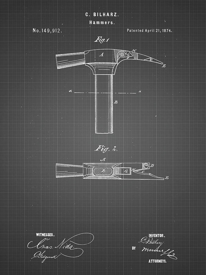Tool Digital Art - Pp689-black Grid Claw Hammer 1874 Patent Poster by Cole Borders