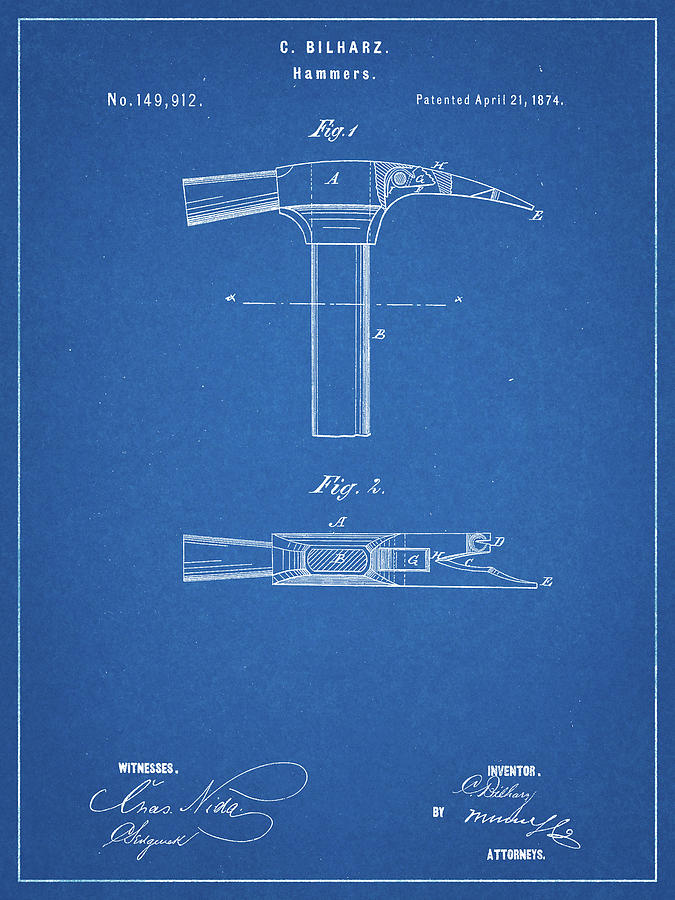 Tool Digital Art - Pp689-blueprint Claw Hammer 1874 Patent Poster by Cole Borders