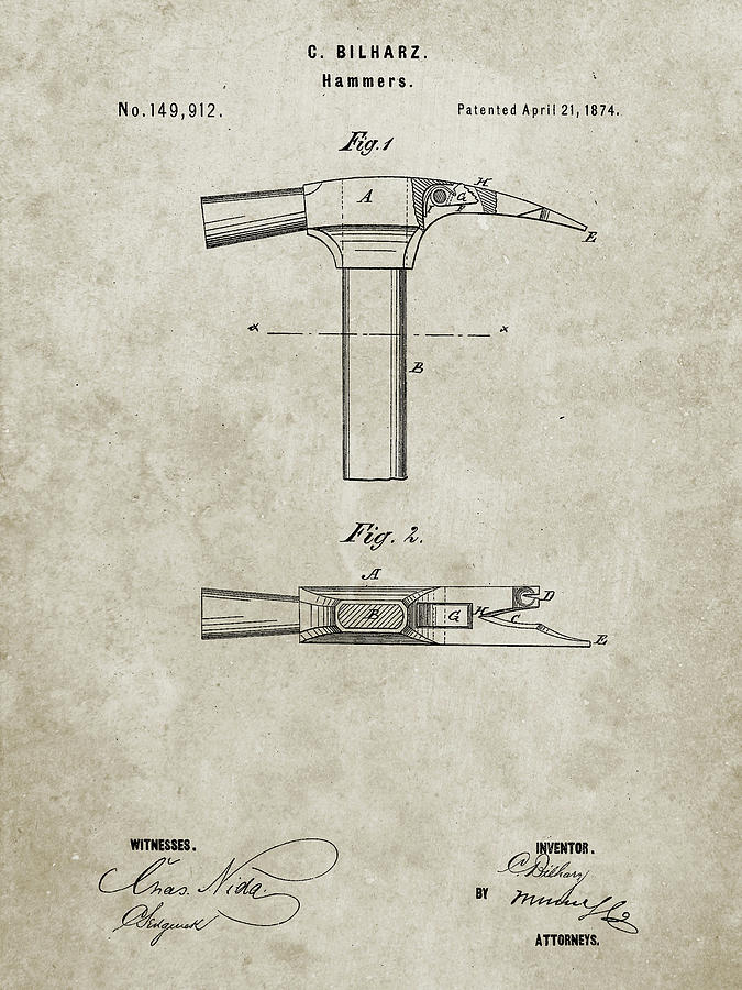 Hammer Digital Art - Pp689-sandstone Claw Hammer 1874 Patent Poster by Cole Borders
