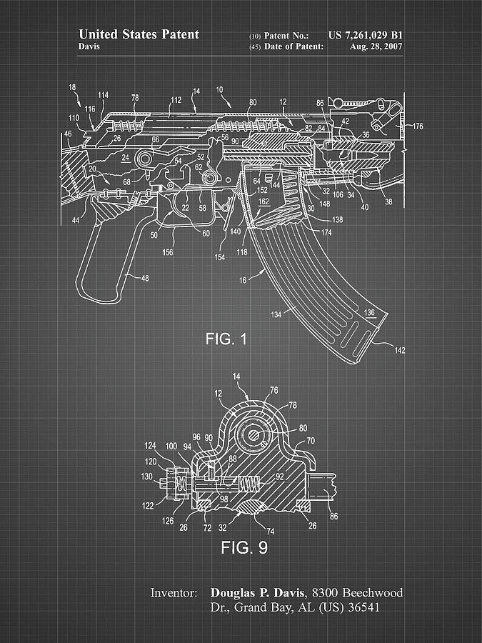 Gun Digital Art - Pp701-black Grid Ak-47 Bolt Locking Patent Print by Cole Borders
