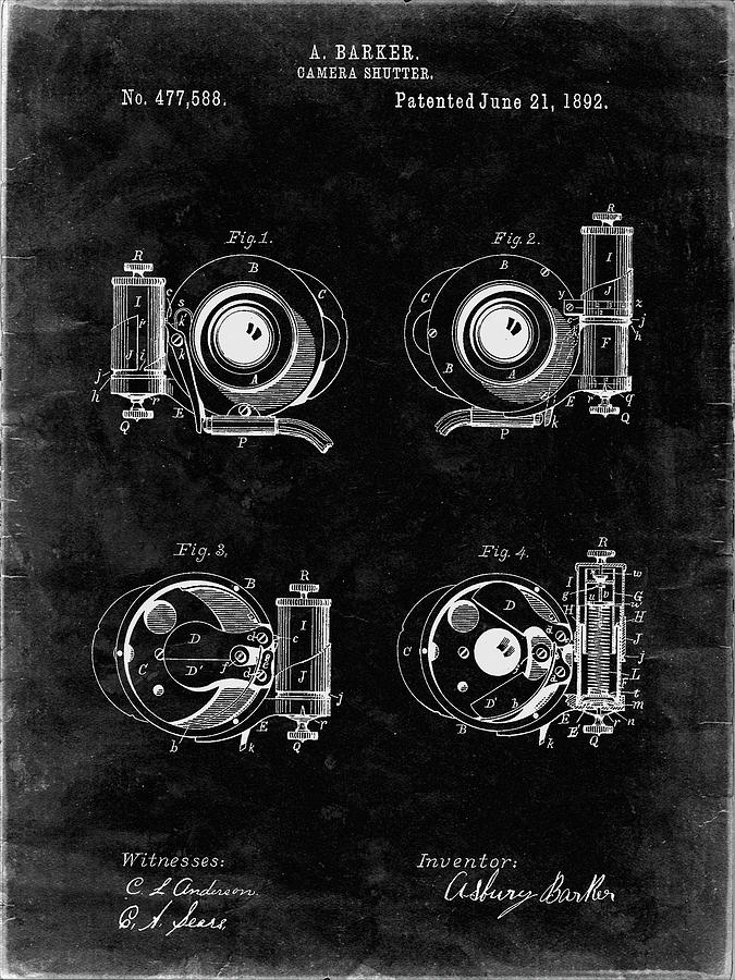 Camera Photograph - Pp707-black Grunge Asbury Frictionless Camera Shutter Patent Poster by Cole Borders