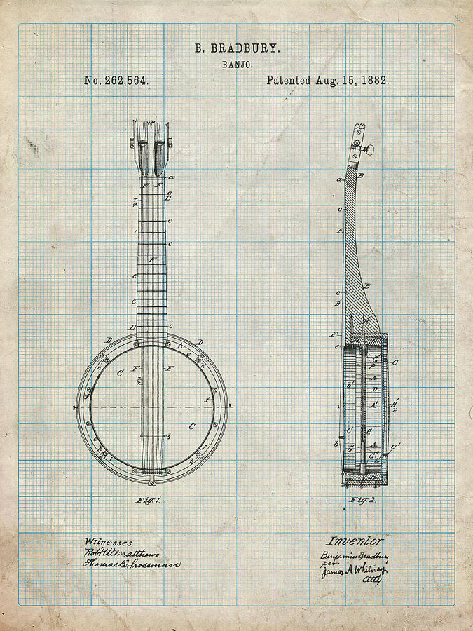 Banjo Digital Art - Pp715-antique Grid Parchment Banjo Mandolin Patent Poster by Cole Borders