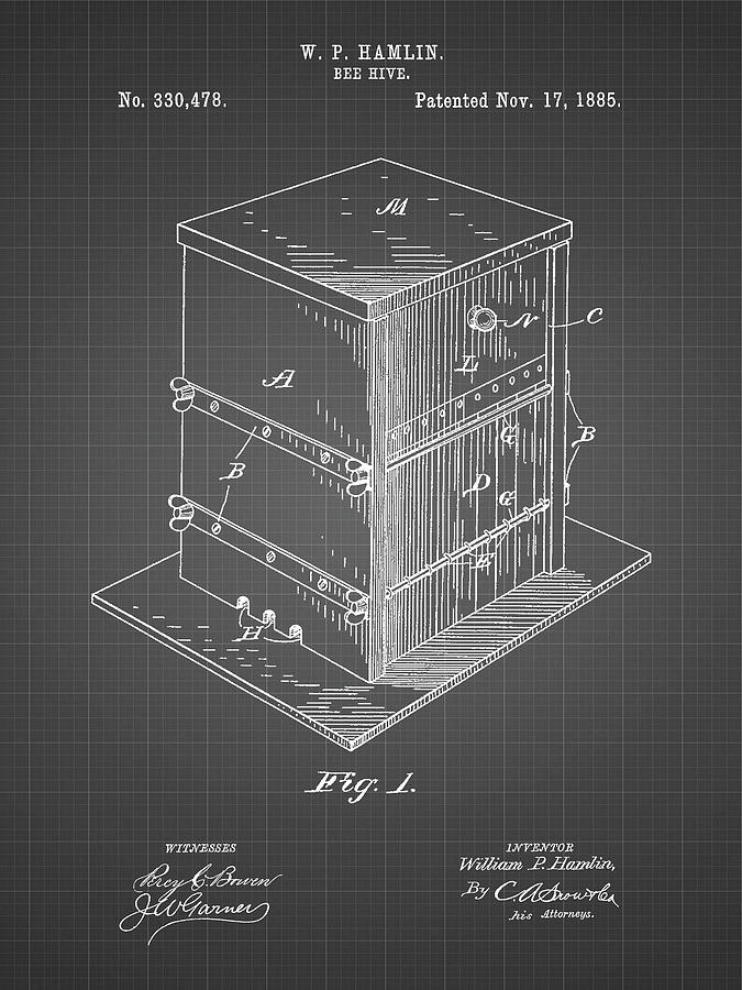 Insects Digital Art - Pp724-black Grid Bee Hive Exterior Patent Poster by Cole Borders