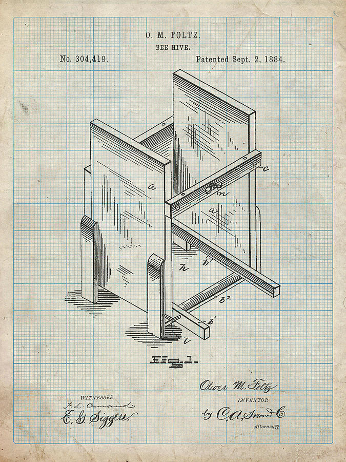 Insects Digital Art - Pp725-antique Grid Parchment Bee Hive Frames Patent Poster by Cole Borders