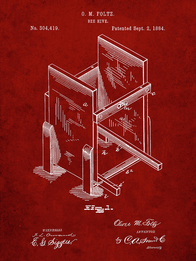 Insects Digital Art - Pp725-burgundy Bee Hive Frames Patent Poster by Cole Borders
