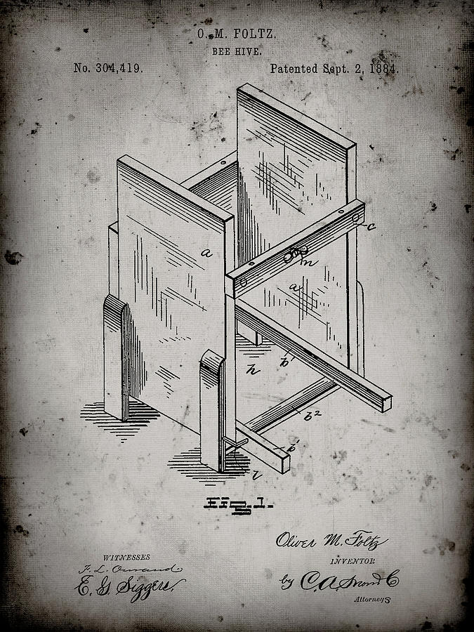 Insects Digital Art - Pp725-faded Grey Bee Hive Frames Patent Poster by Cole Borders
