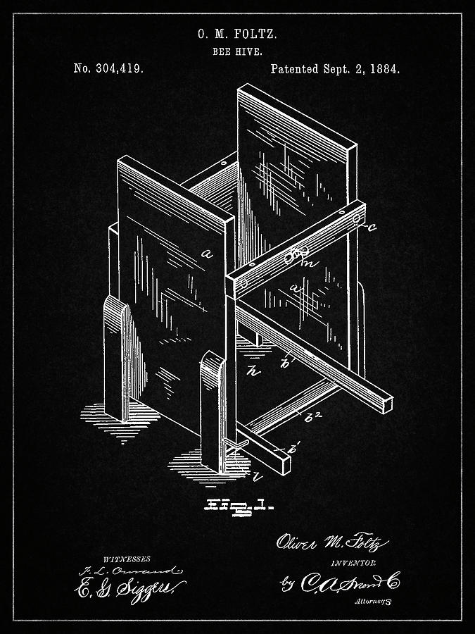 Insects Digital Art - Pp725-vintage Black Bee Hive Frames Patent Poster by Cole Borders