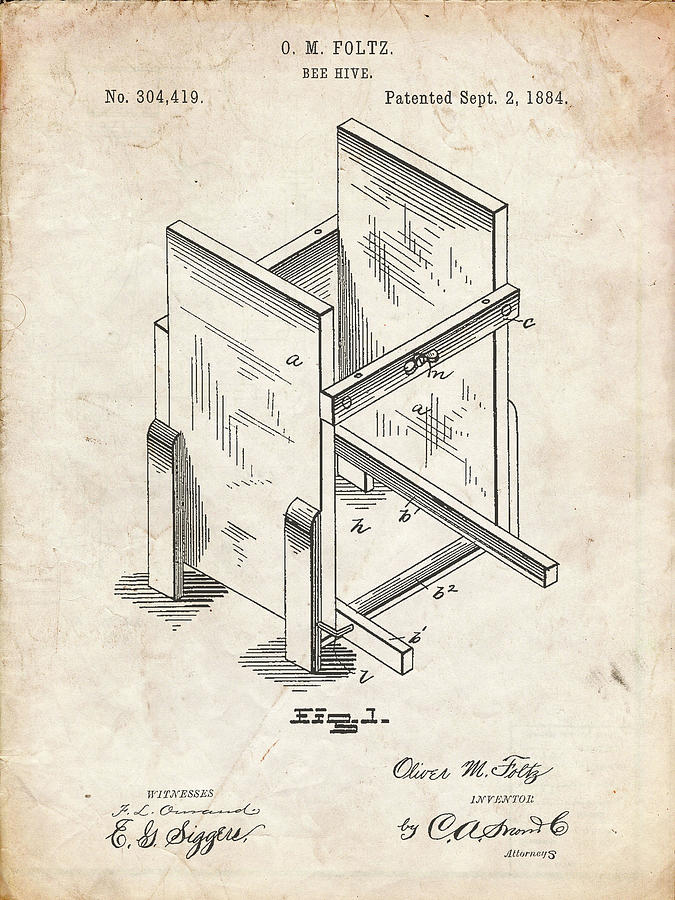 Insects Digital Art - Pp725-vintage Parchment Bee Hive Frames Patent Poster by Cole Borders
