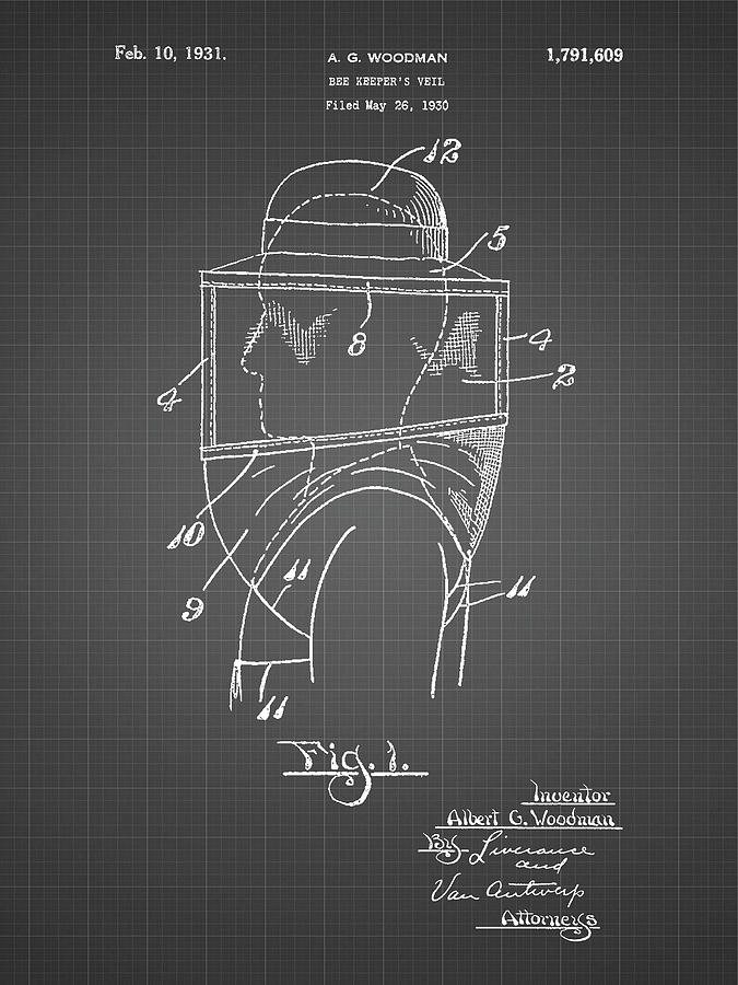 Insects Digital Art - Pp726-black Grid Bee Keeper Hat And Veil Patent Poster by Cole Borders