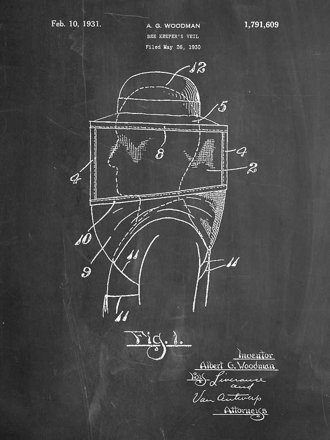 Insects Digital Art - Pp726-chalkboard Bee Keeper Hat And Veil Patent Poster by Cole Borders