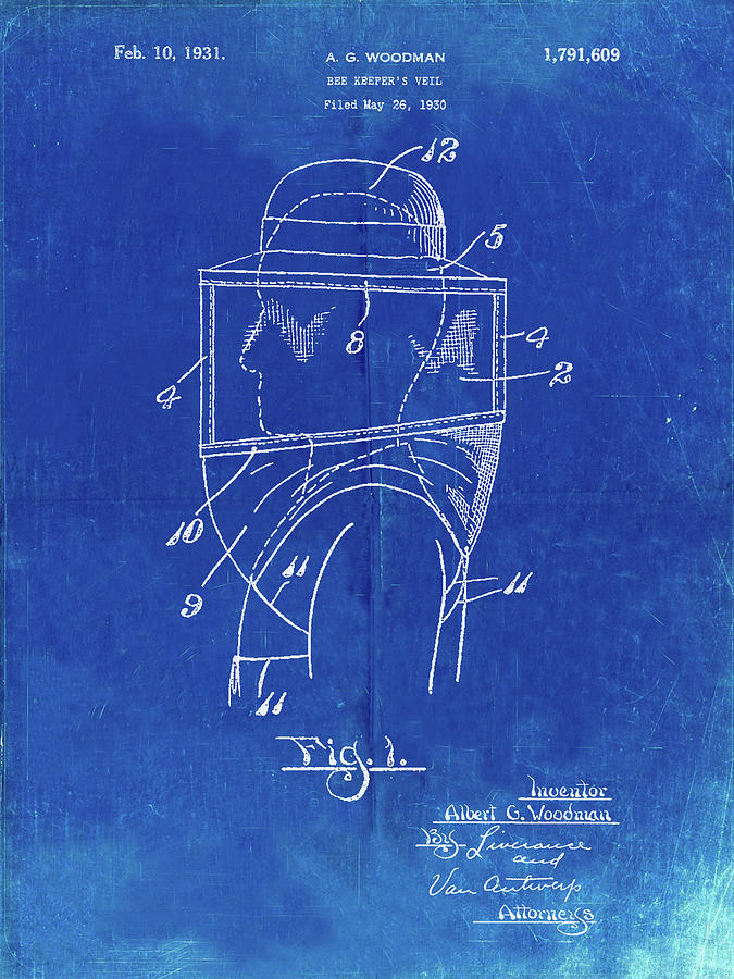 Insects Digital Art - Pp726-faded Blueprint Bee Keeper Hat And Veil Patent Poster by Cole Borders