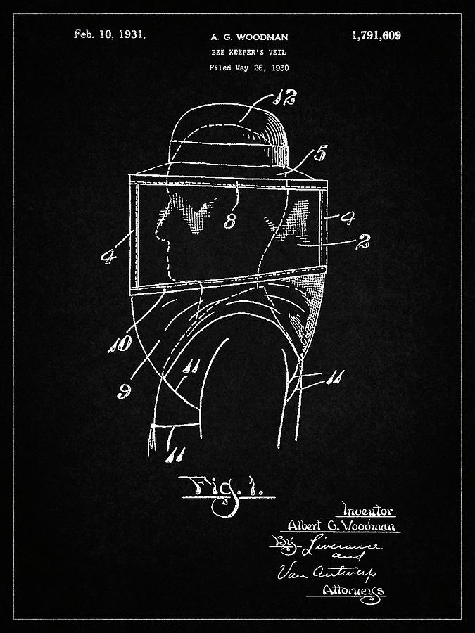 Insects Digital Art - Pp726-vintage Black Bee Keeper Hat And Veil Patent Poster by Cole Borders