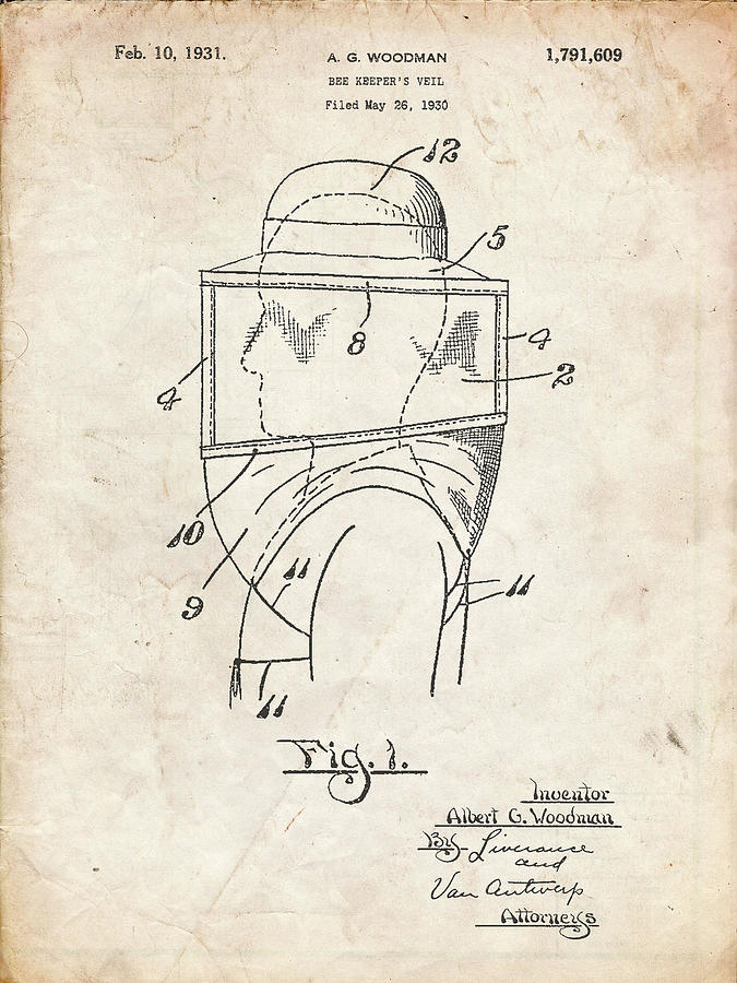 Insects Digital Art - Pp726-vintage Parchment Bee Keeper Hat And Veil Patent Poster by Cole Borders