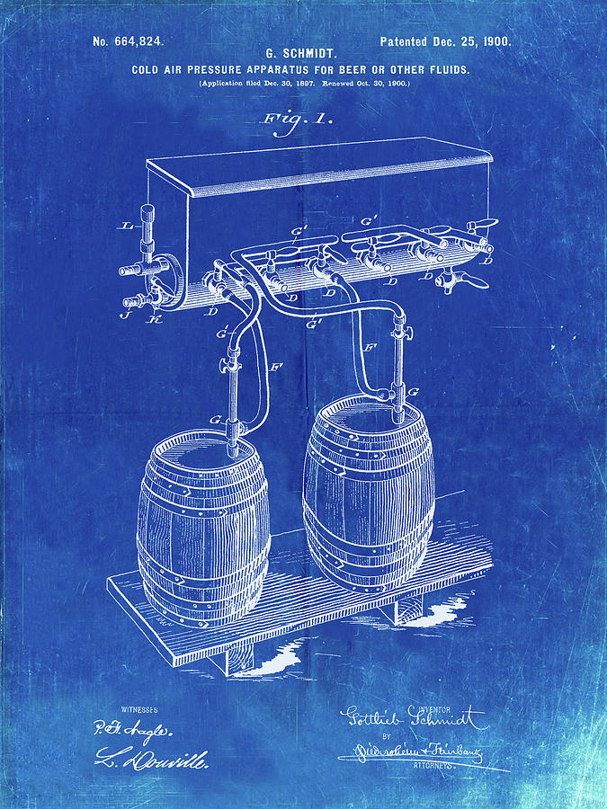 Beer Digital Art - Pp729-faded Blueprint Beer Keg Cold Air Pressure Tap Poster by Cole Borders
