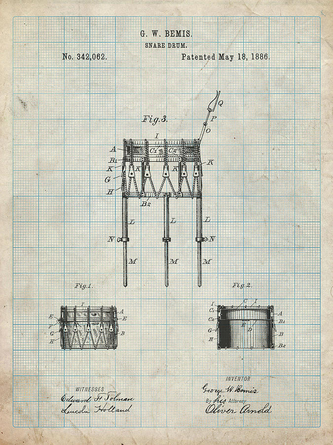 Pp732-antique Grid Parchment Bemis Marching Snare Drum And Stand Patent ...