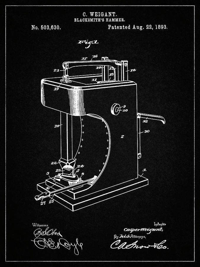 Man Cave Sign Digital Art - Pp743-vintage Black Blacksmith Hammer 1893 Patent Poster by Cole Borders