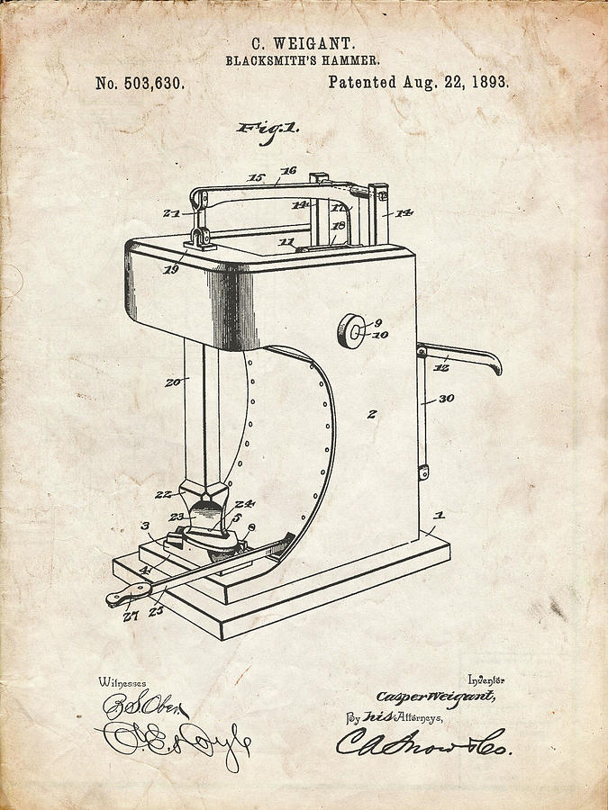Man Cave Sign Digital Art - Pp743-vintage Parchment Blacksmith Hammer 1893 Patent Poster by Cole Borders