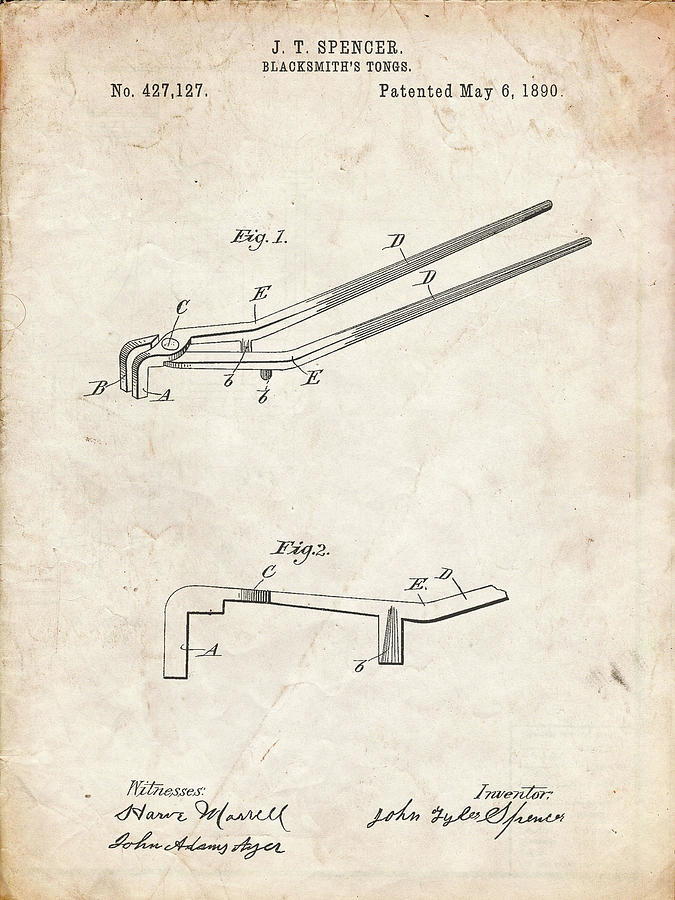 Man Cave Sign Digital Art - Pp744-vintage Parchment Blacksmith Tongs Patent Poster by Cole Borders