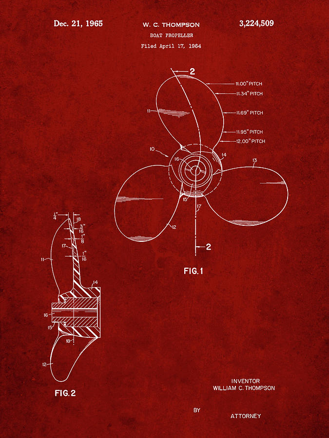 Patents Digital Art - Pp746-burgundy Boat Propeller 1964 Patent Poster by Cole Borders