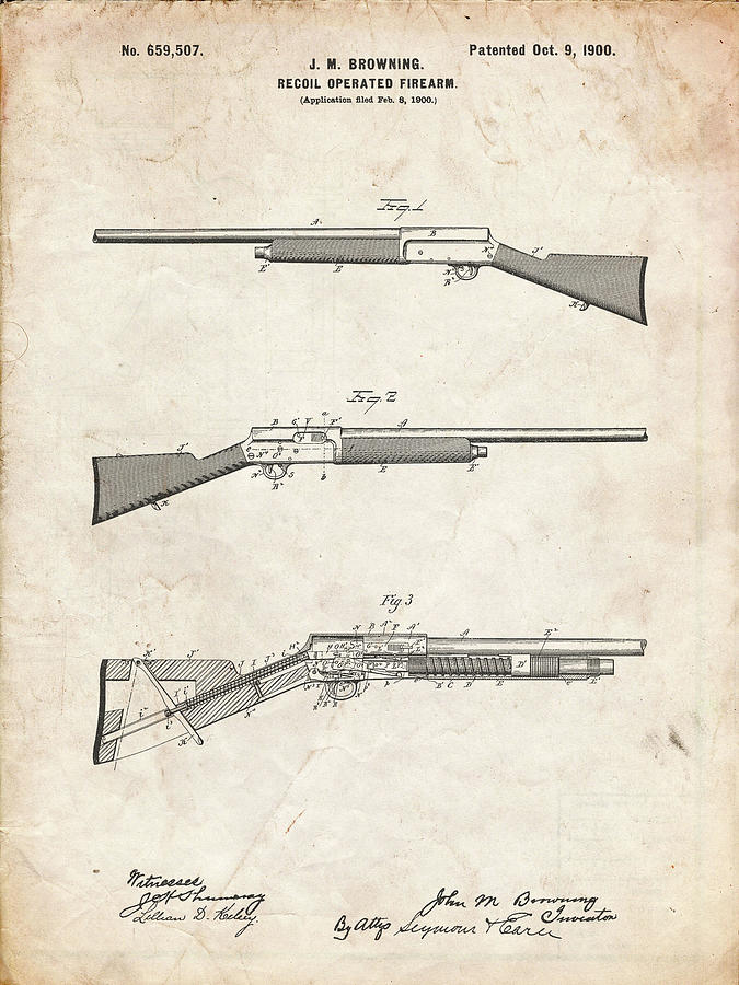 Patents Digital Art - Pp754-vintage Parchment Browning Auto 5 Shotgun 1900 Patent Poster by Cole Borders