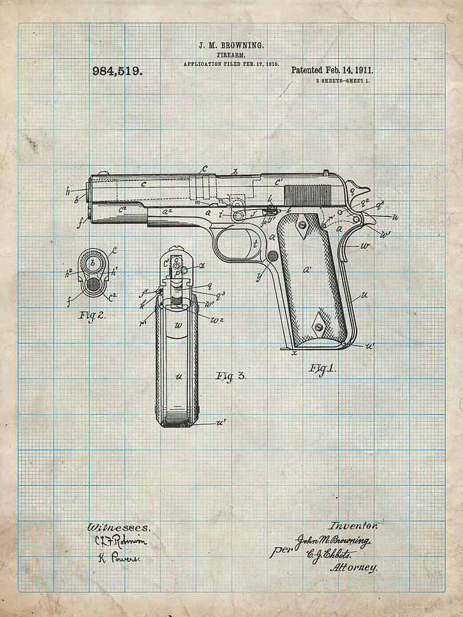 Objects Digital Art - Pp76-antique Grid Parchment Colt 1911 Semi-automatic Pistol Patent Poster by Cole Borders