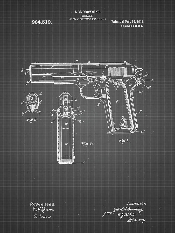 Objects Digital Art - Pp76-black Grid Colt 1911 Semi-automatic Pistol Patent Poster by Cole Borders